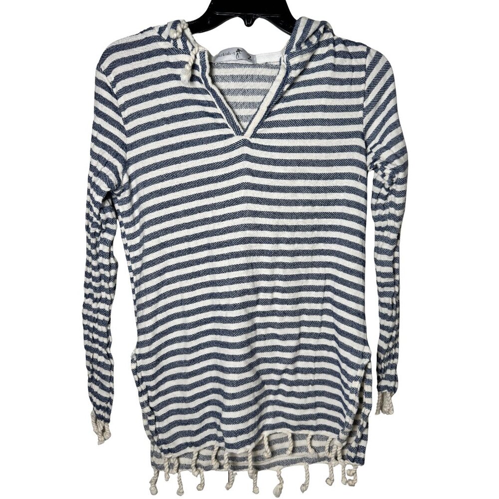 Turkish-T Women’s Size 2 Blue White Striped Hooded Tunic Tassel Fringe Top